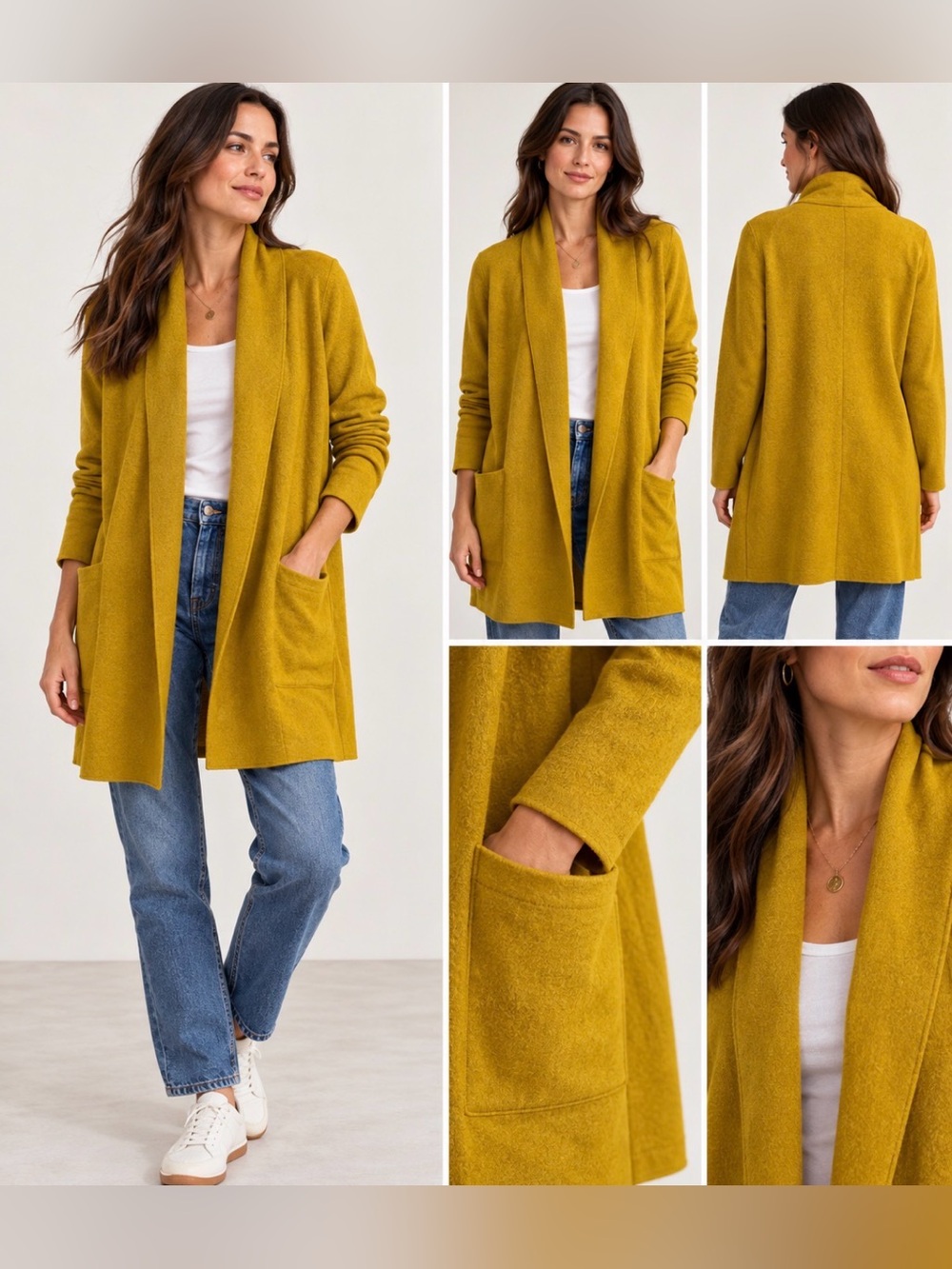 Eileen Fisher 100% Wool Long Open Front Cardigan Mustard PM